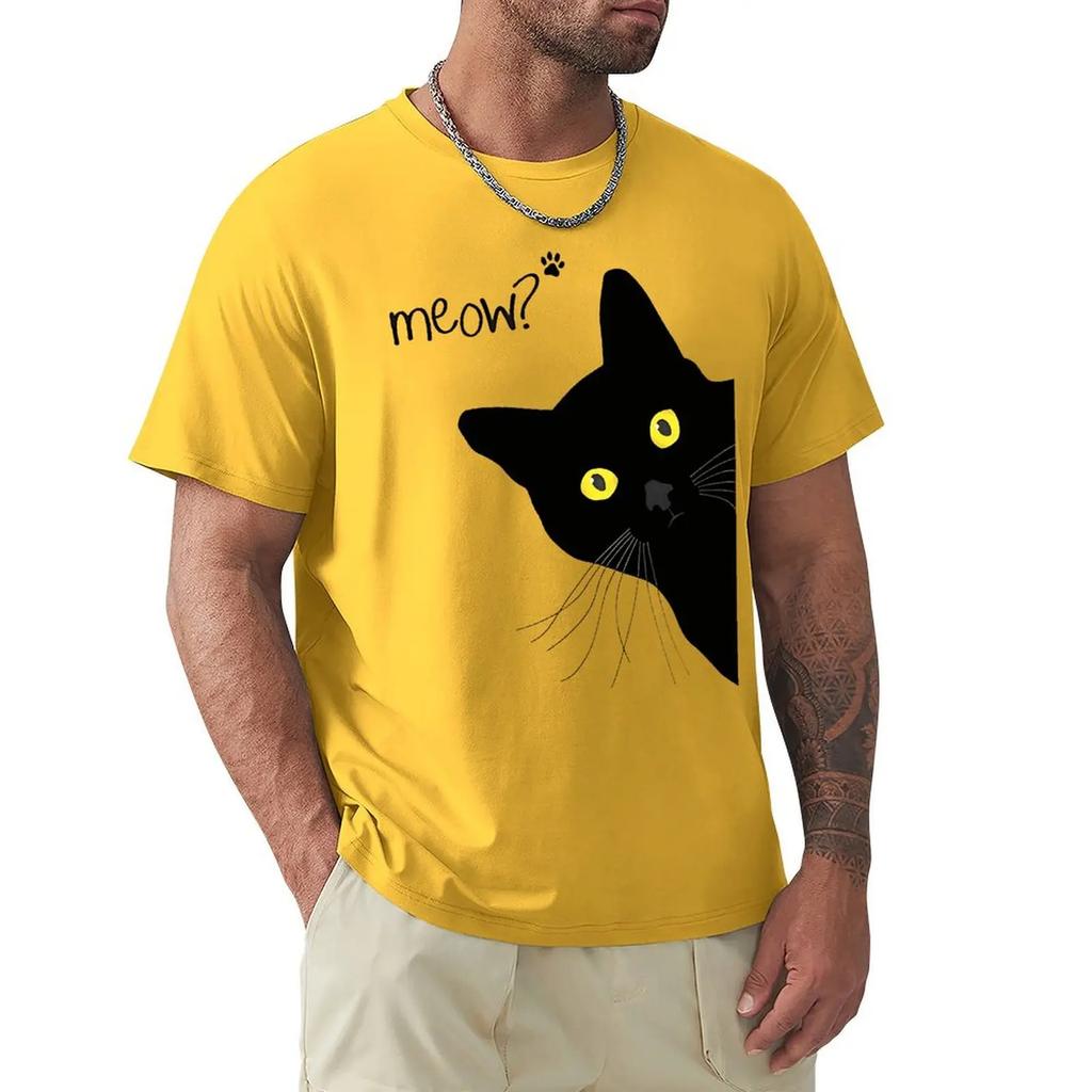 Мужские футболки с забавным принтом «Мяу, черный кот», дышащая футболка, летняя уличная одежда, топы, свободные хлопковые топы большого размера с коротким рукавом