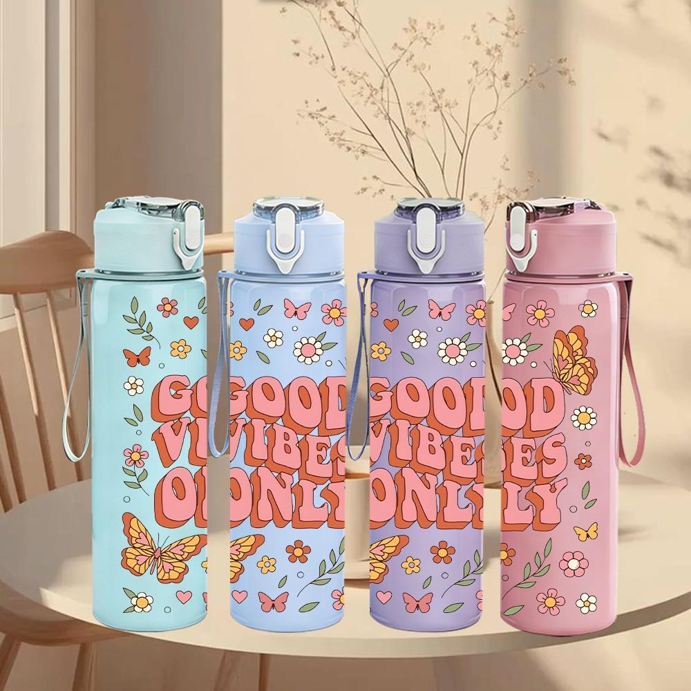 1PC Good Vibes Only Retro Floral Lettering Print 750ml Color Plastic Sports Water Bottle Leakproof Flip Straw Lid Suitable for Sports Office Home Use
