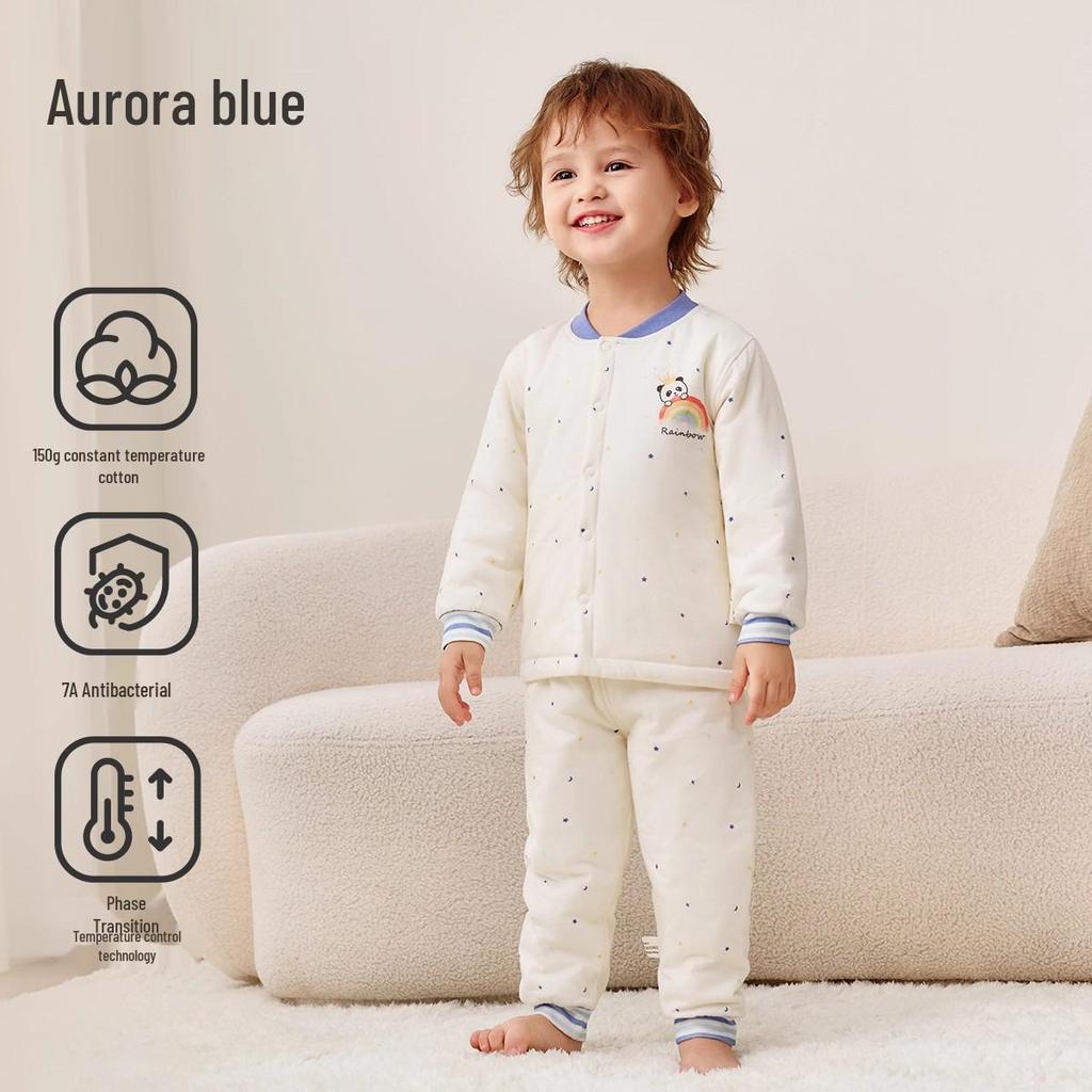 Детский пижамный комплект Jingqi из стеганого хлопка с высокой талией и защитой животика - Теплая, регулирующая температуру домашняя одежда для осени и зимы