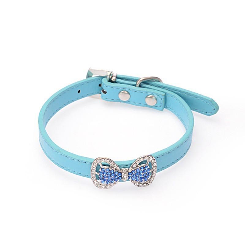 Small Dog Collar Bling Rhinestone Bow PU Leather Pet Necklace Poodle Pomeranian