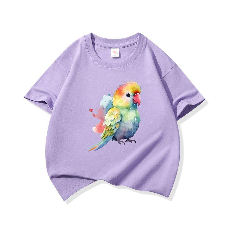 Bright Watercolor Rainbow Parrot Graphic Tee Kids Pure Cotton Crew Neck Print T Shirt Short Sleeve Muticolor Tops Boys Girls