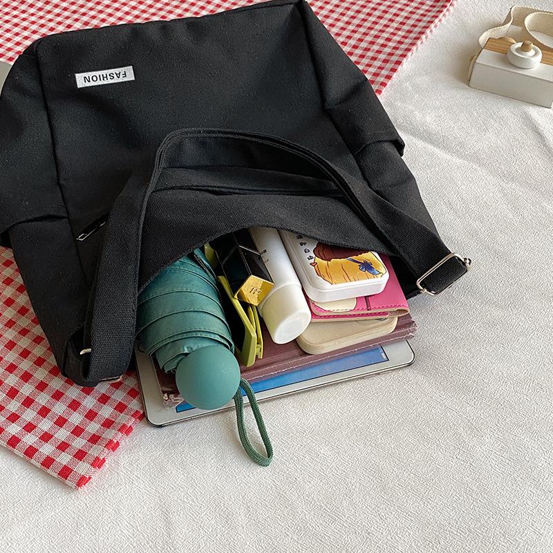 Canvas Shoulder Bag Women'S Simple Solid Color Tote Bag Class Commuting Large Capacity Messenger Bag