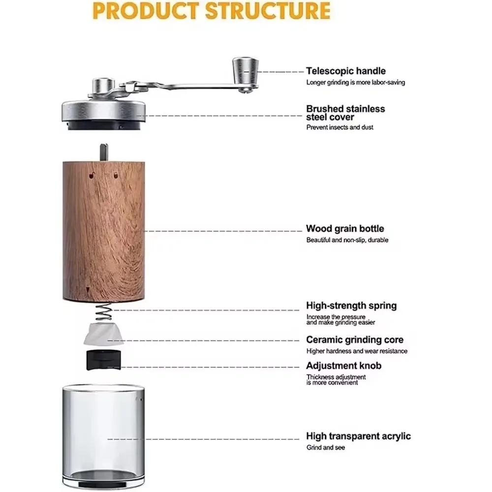 Мельница для кофе в зернах, портативная деревянная шлифовальная машина из нержавеющей стали с рукояткой, ручная кофемолка, кухонный инструмент, шлифовальная машина