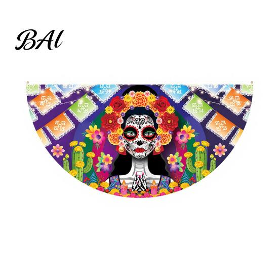 Sugar Skull Fan Flag Day of The Dead Bunting Banner, Marigold Print Fiesta Mexican Festival Home Ornament Hanging Flag, Colorful Outdoor Yard