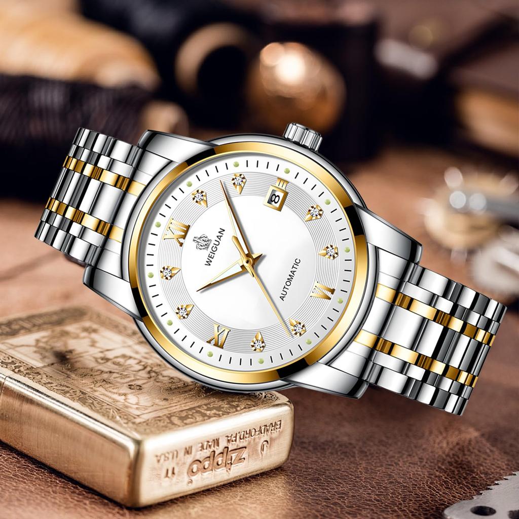 TeamSky Механические Автоматические Ручные Нержавеющие Большие День Подарок Серебристый Браслет Часы, Мужские Часы, Механические, Стальные, Водонепроницаемые, Часы, Стальные, Люминесцентные,