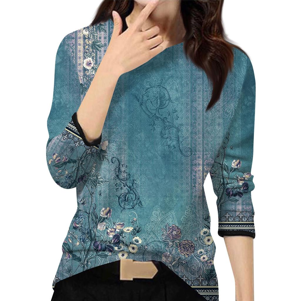 Женский повседневный модный топ с принтом, круглым вырезом и длинными рукавами, пуловер