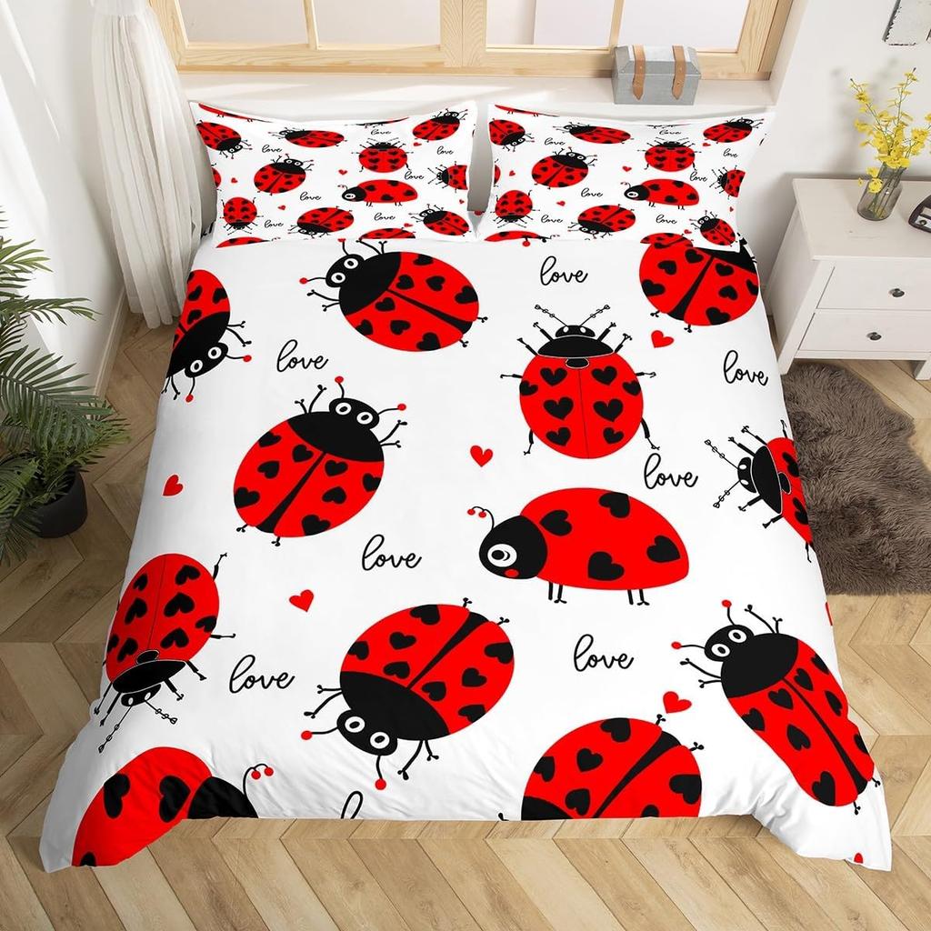 Cute Ladybug Duvet Cover Twin Queen Cartoon Animal Ladybird Insect Bedding Set Kawaii Wildlife Love Heart Print Comforter Cover