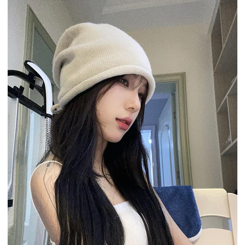 Autumn and Winter Japanese Wool Hats for Women Korean Style Trendy Solid Color Ear Protection Hat Curled Edge Pile Hat Warm Knitted Cold Hat