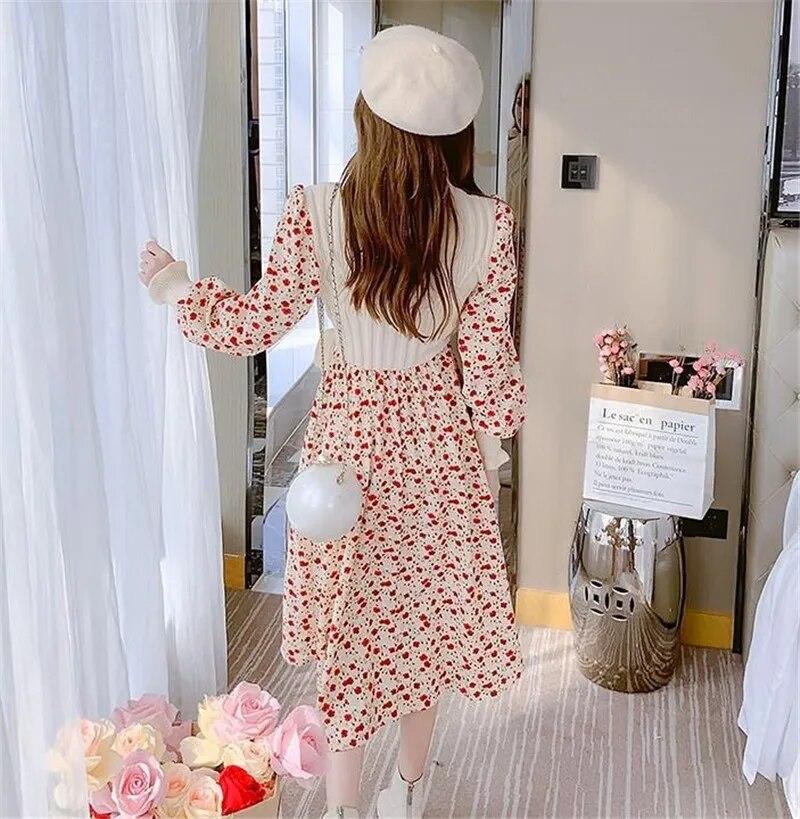 Women's Knitted Dress Autumn Winter Long Sleeve Corduroy Floral Dress Female Elegant Sweater A-line Long Veatidos Belt