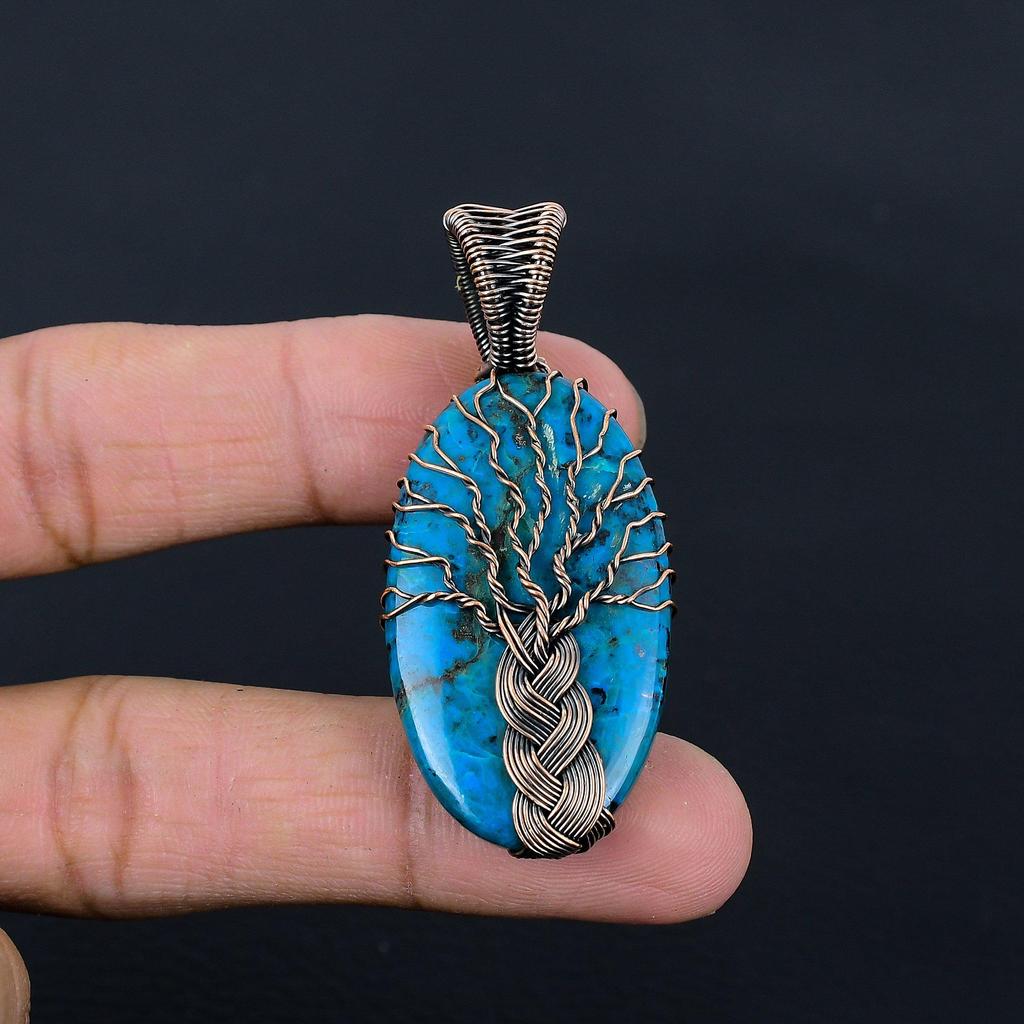 Ослепительное Древо Жизни Синий Азурит Драгоценный Камень Чистая Медная Проволока Обертка Ювелирные Изделия Ручной Работы Подвеска