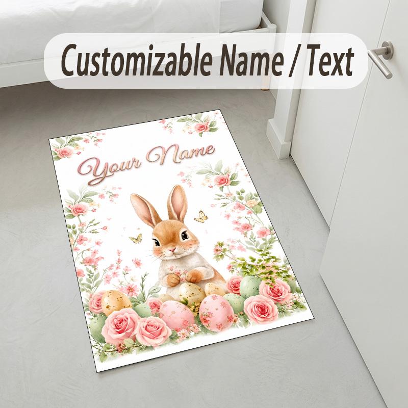 Easter Bunny Theme Crystal Velvet Rug Personalized Custom Name Text Soft Floor Mat Home Decor