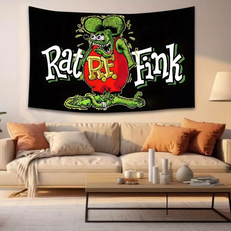 VIKAMA Retro Hot Rod Garage Decoration With Mouse Fink Character MenS Cave Party Car Event Banner Wall Tapestryodern Decoration
