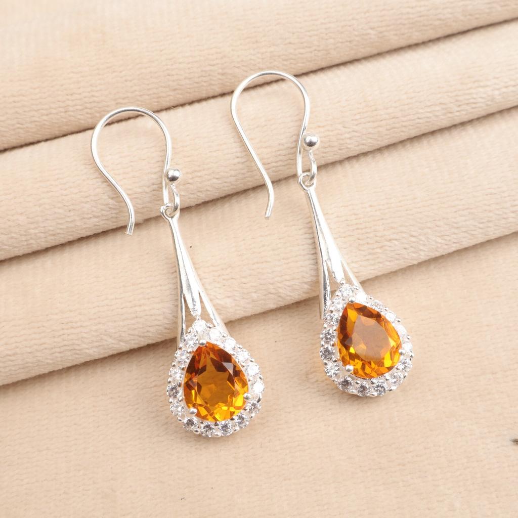 Natural Citrine Gemstone 925 Sterling Silver Zircon Partywear Earrings 1.86" CZE-7-5