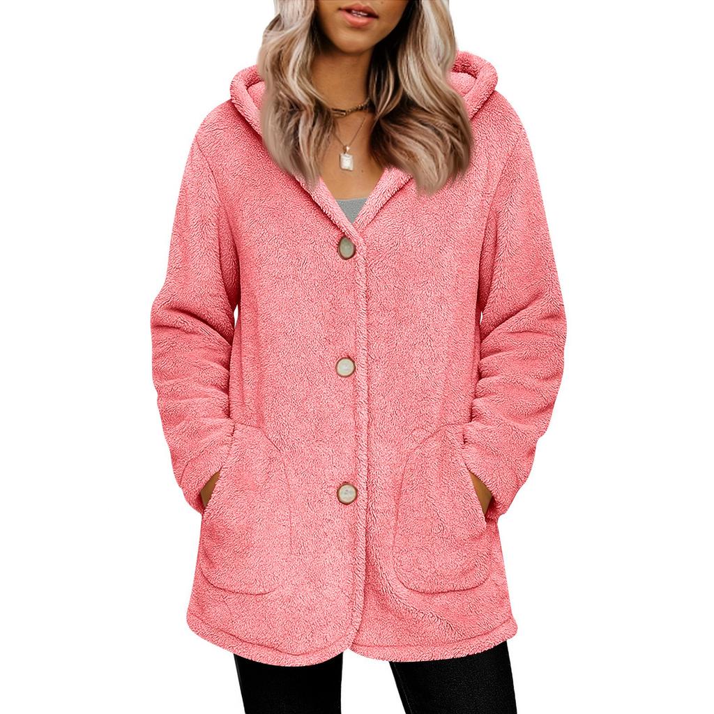 Women's Fashionable Solid Color Long Sleeved Pocket Loose Hooded Button Plush Jacket