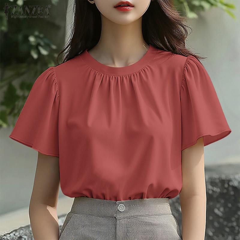 ZANZEA Women Summer O-neck Casual Short Sleeve Plain Blouse