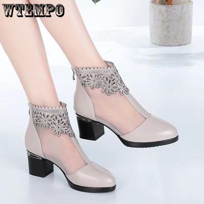 Сапоги из натуральной кожи с мягкой сеткой. Женская обувь на грубом каблуке. Весенне-летняя женская обувь. Обувь для мам большого размера. Женские сапоги на высоком каблуке.