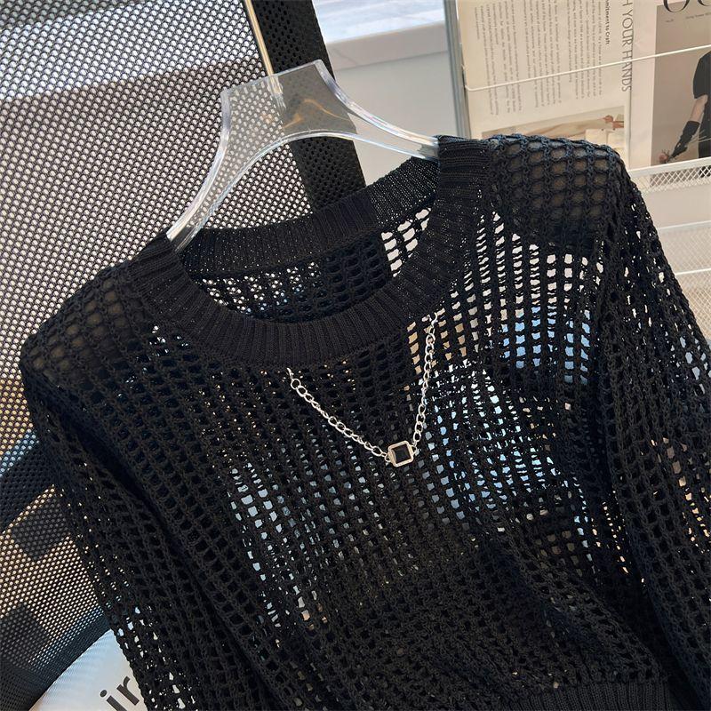 Spring/Summer Design Knitted Shirt Women's Hollow High End Striped Hollow Knitted Shirt Top Outerwear