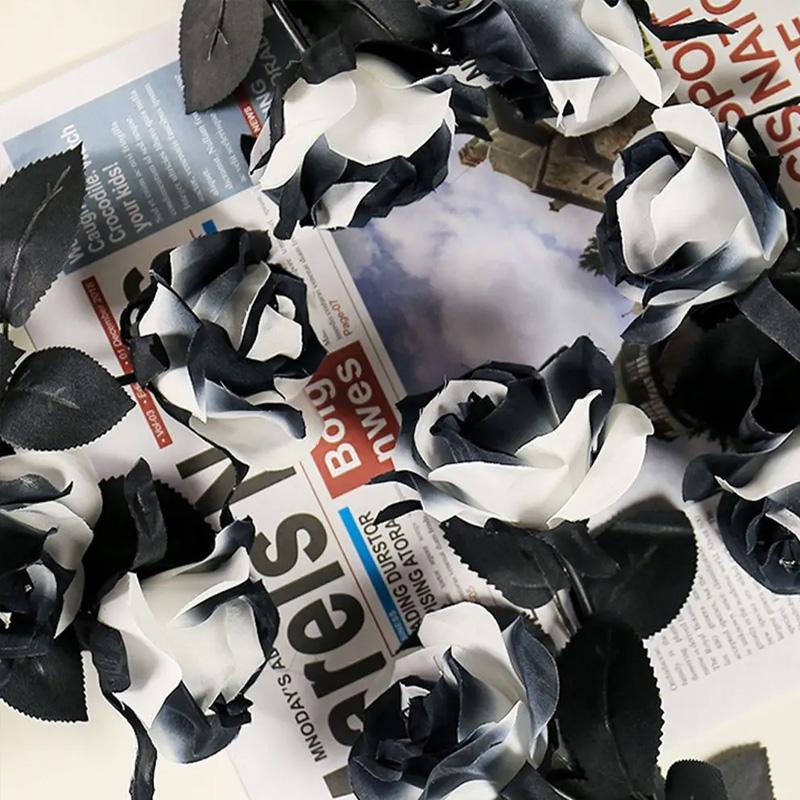 2 шт. 5 головок 34 см Хэллоуин Декор Реалистичный Букет Искусственных Цветов Готический Черно-белый Искусственные Цветы Розы Ветка