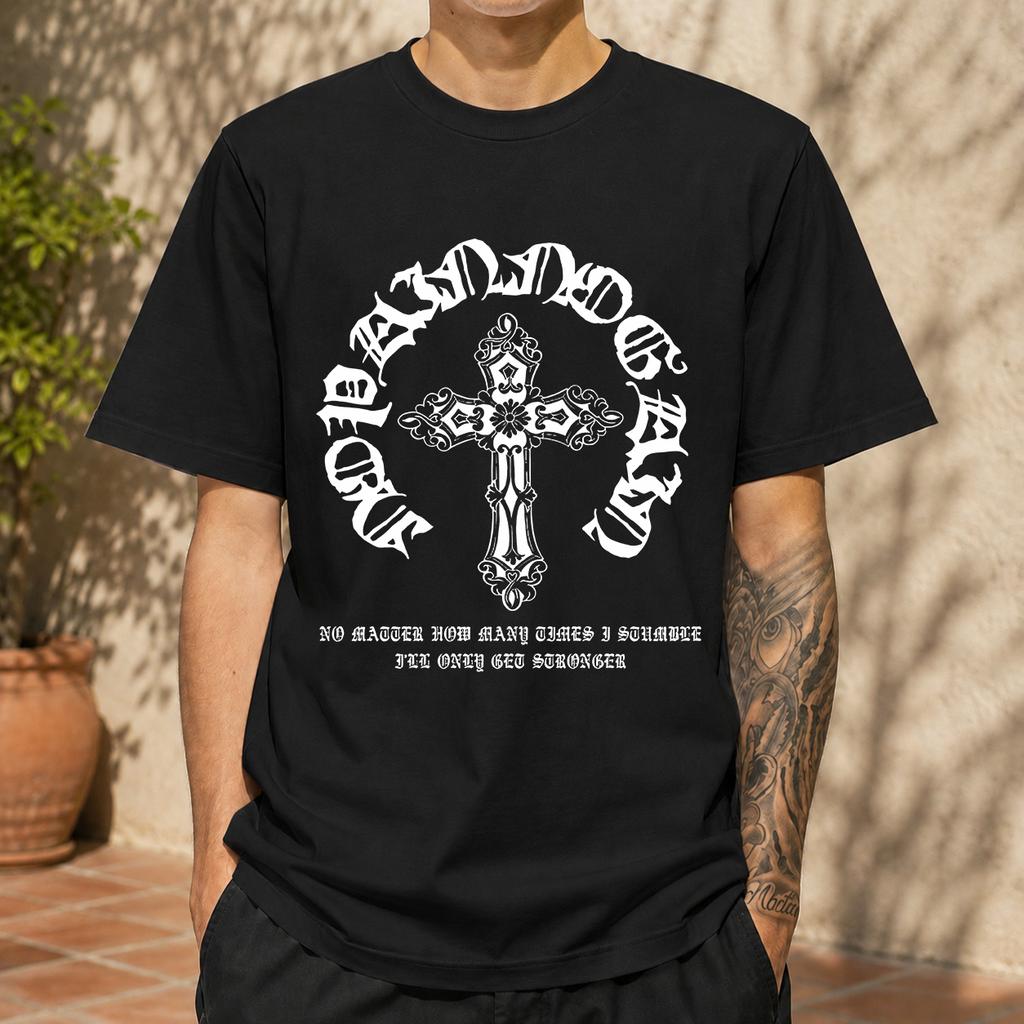 2026 New Pure Cotton Tshirt Gothic Cross Inspirational Quotes Street Style Print Crew Neck Short Sleeve Casual Top