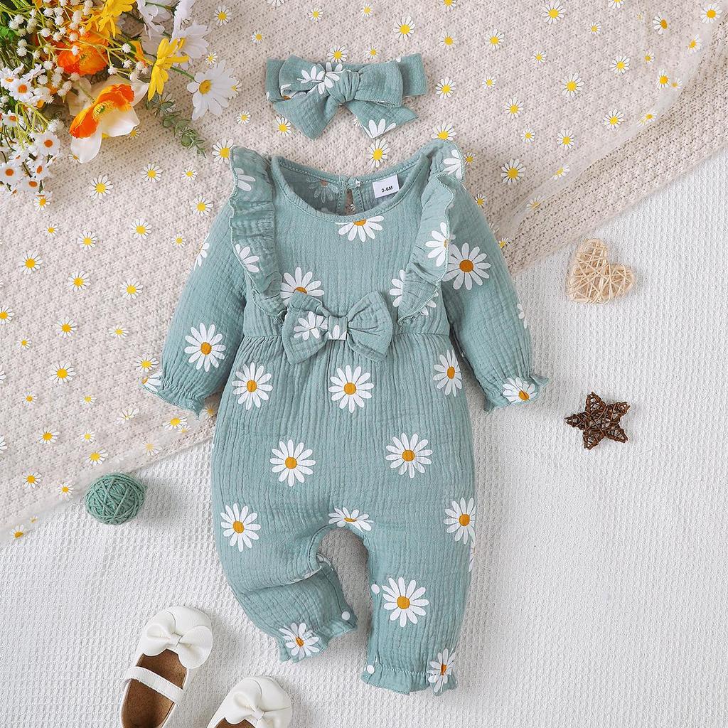 Infant Baby Girl Romper Clothes Ruffle Sleeveless Newborn Bodysuit with Headband Autumn Jumpsuit Fashion Toddler Outfit Suit