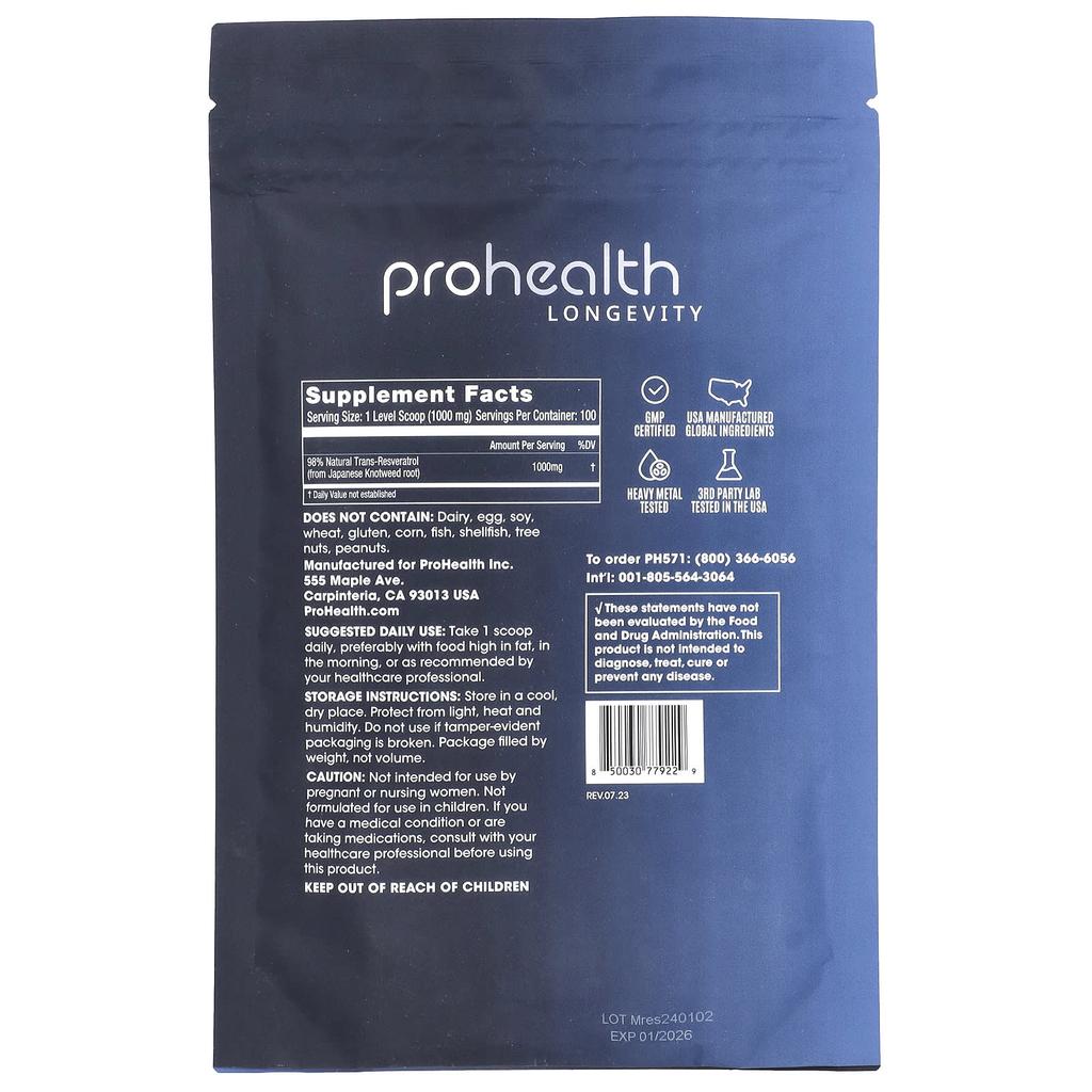 Trans-Resveratrol, Pure Micronized Powder, 100G