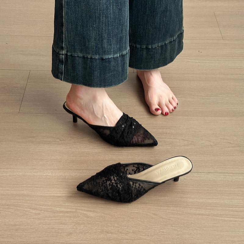 Fashion New Popular White Embroidery Lace Heels Mule Slide Woman Point Toe Stiletto Bride Shoes Ladies Elegant Wedding Party Dress Pumps