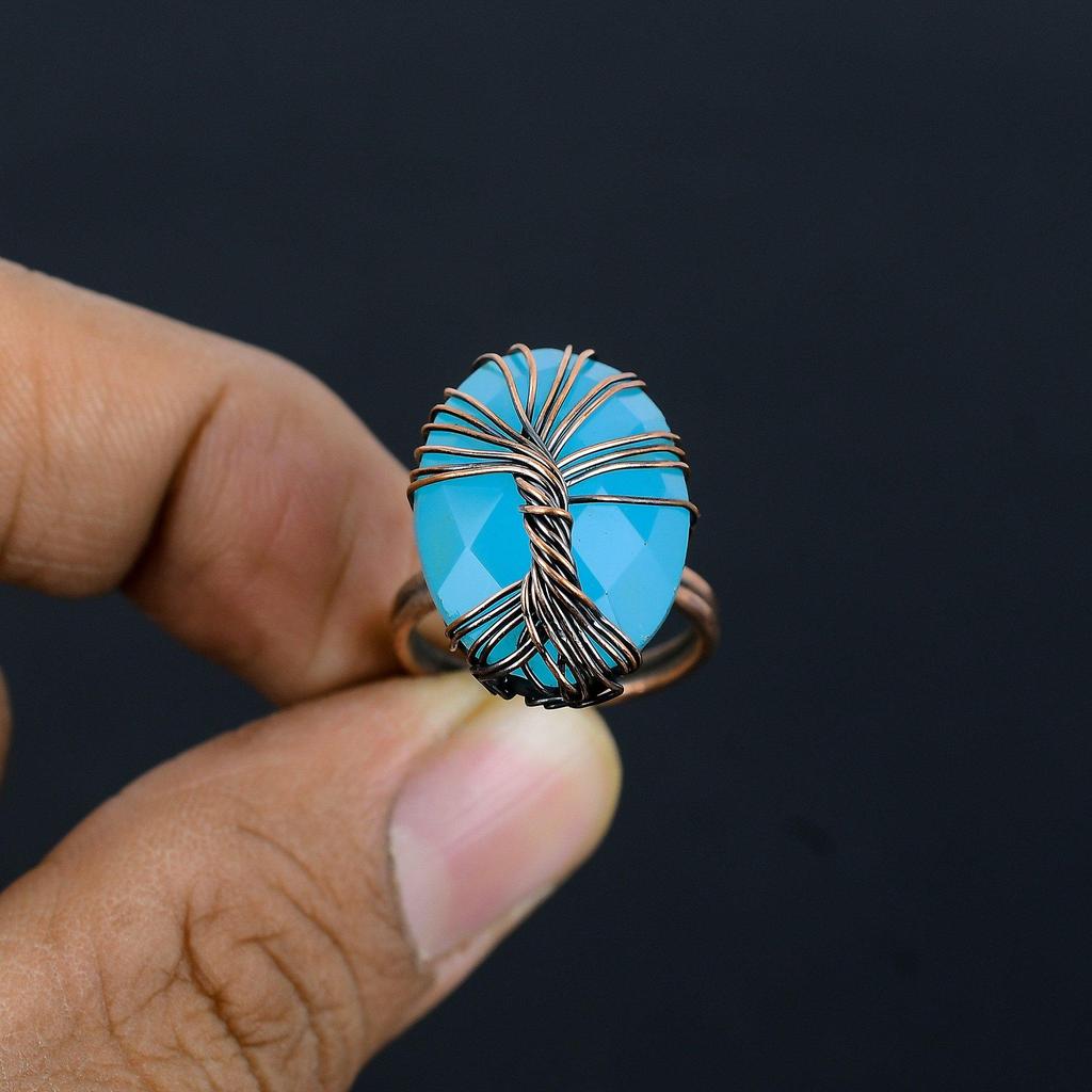 Tree Of Life Aqua Chalcedony Gemstone Copper Wire Wrapped Handmade Jewelry Ring For Gift All Size