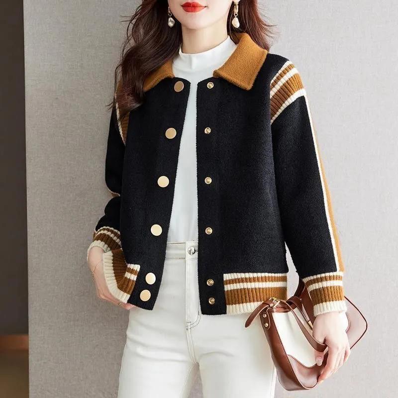 Женская осенне-зимняя куртка с лацканами, контрастного цвета, с длинным рукавом на пуговицах, модный повседневный топ