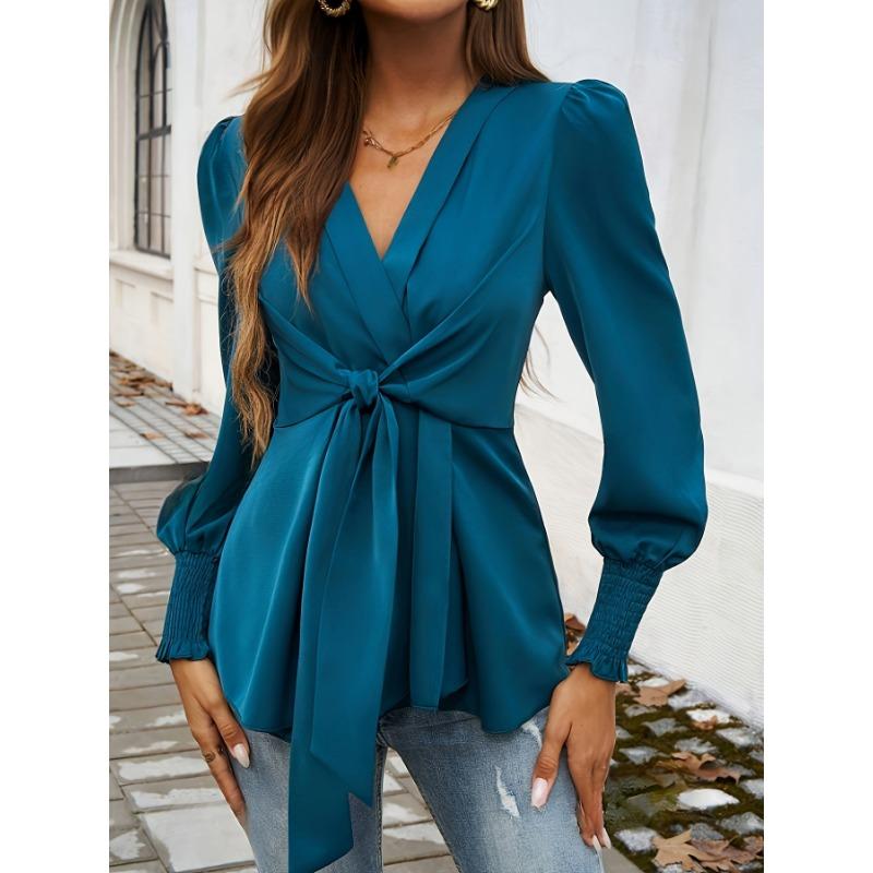 Elegant Deep V Neck Cross Strap Slim Fit Waist Shirt Long Sleeve Pleated Cuffs Office Fashion Blouse Retro Casual Bow Tie Lace-up Top Female Clothing