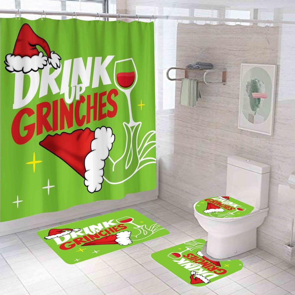 Christmas Snowman Print Toilet Bathroom Mat And Shower Curtain Four-Piece Set