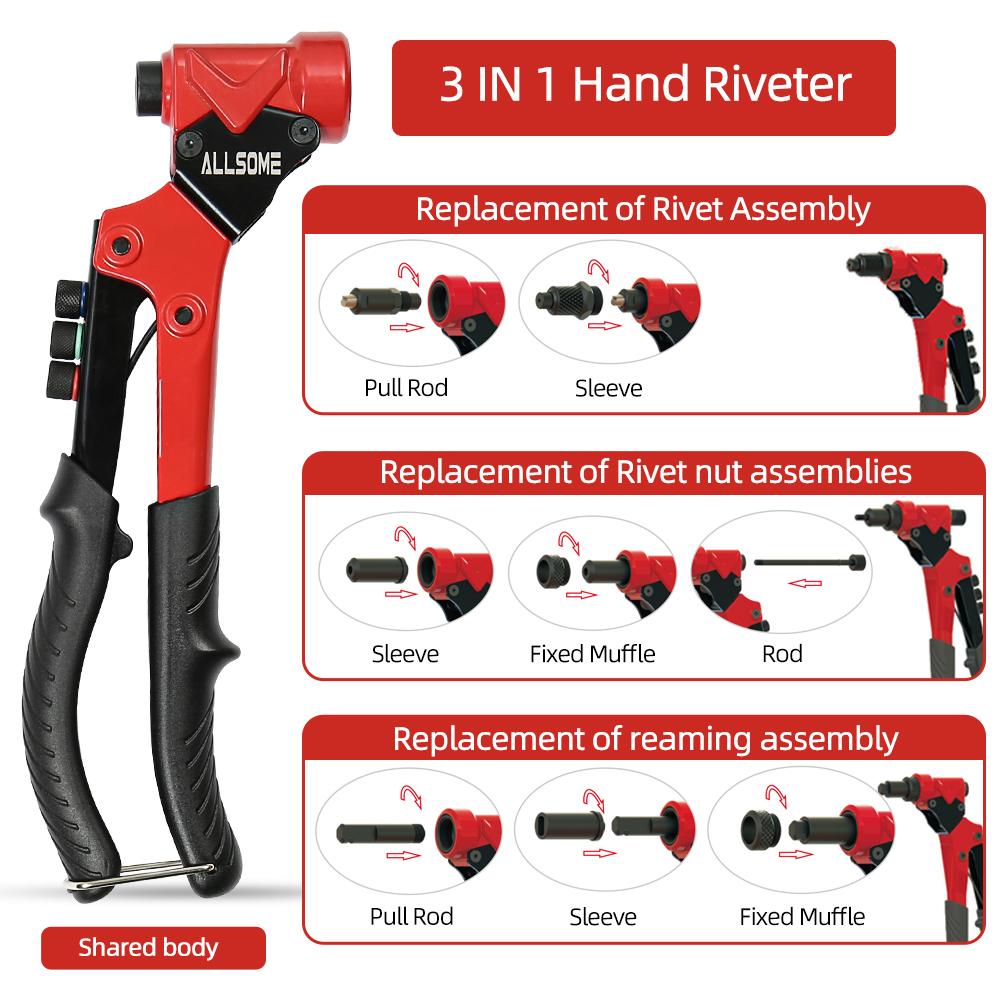 Allsome Один универсальный многофункциональный заклепочный пистолет 3 в 1 с гаечным заклепочным инструментом и ручным заклепочным инструментом
