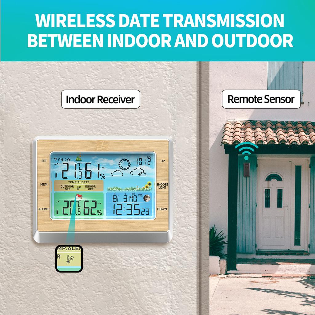 Weather Station Wireless Indoor Outdoor Thermometer 6 Inch Color LED Display Temperature Humidity