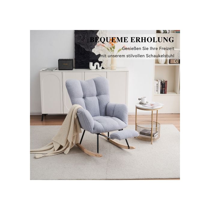 Nouveau fauteuil à bascule moderne avec rembourrage et tissu peluche, avec repose-pieds extensible, gris