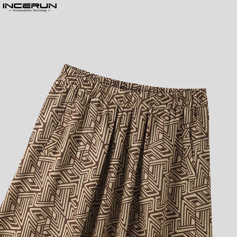 INCERUN Men Solid Color Drop Crotch Printed Wide Leg Pants Trousers
