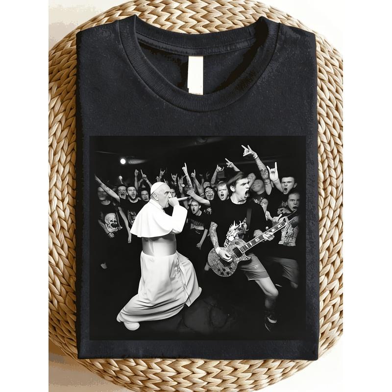 2026 New American Street Religious Metal T-Shirt Featuring a Three-Needle Stitched Washed Black Design with a Live Visual Print of The Pope Band. A