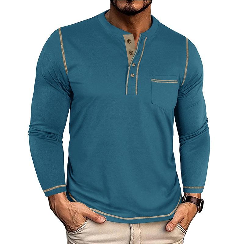 Мужская винтажная футболка-henley с контрастным цветом, круглым вырезом, длинным рукавом, карманом, повседневная