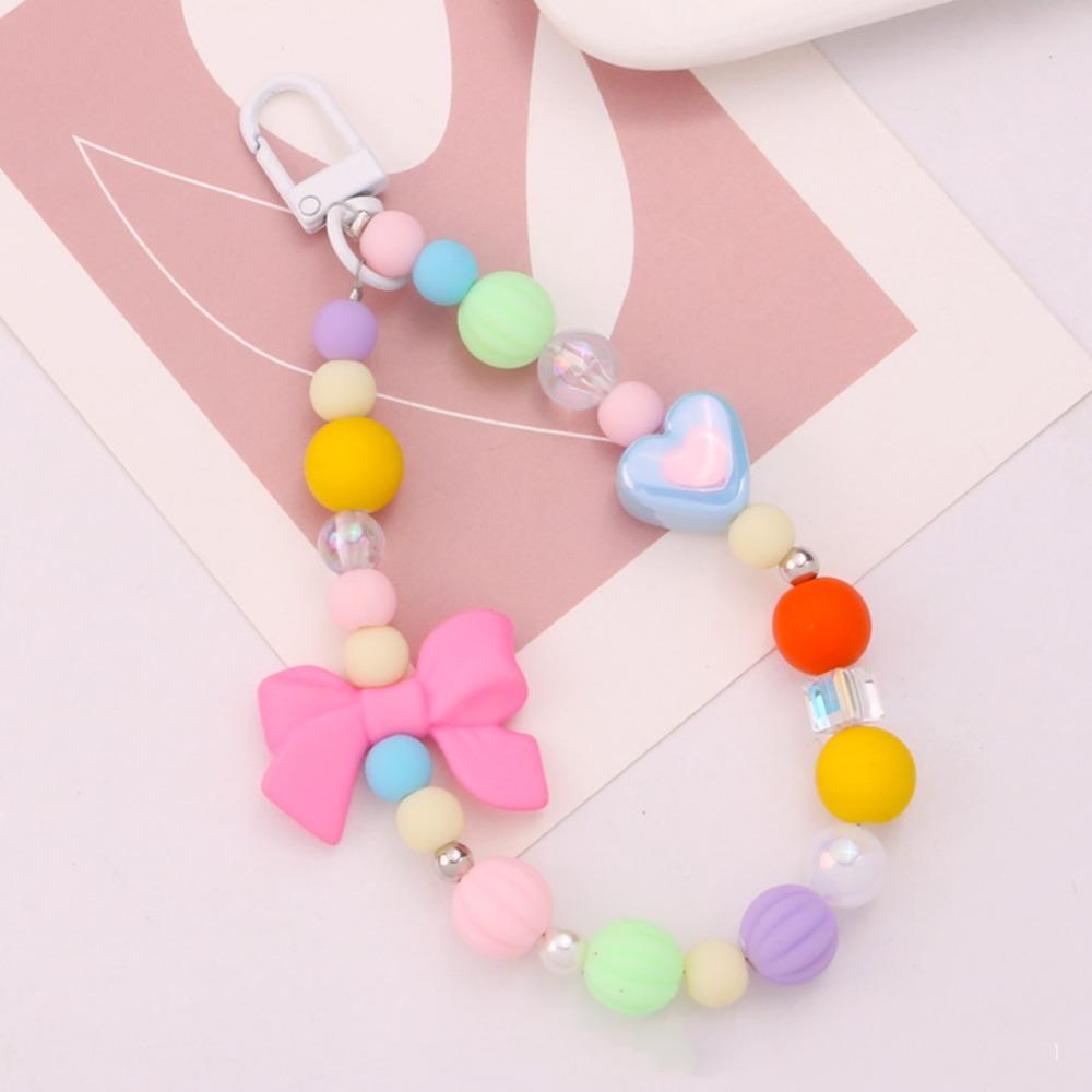 Colored Round Bead Keychain Pendant Cute Bow Heart Star Crystal Phone Anti-lost Rope Colorful Phone Lanyard Glitter Wrist Straps