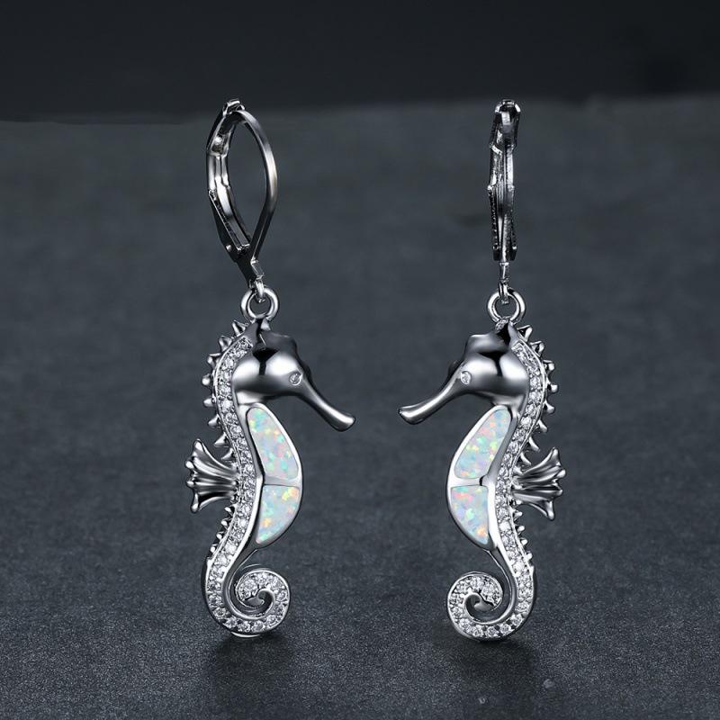 Wish Hot Ocean Wind Series Rose Gold White Gold Blue and White Opal Micro-set White Diamond Seahorse Versatile Earrings