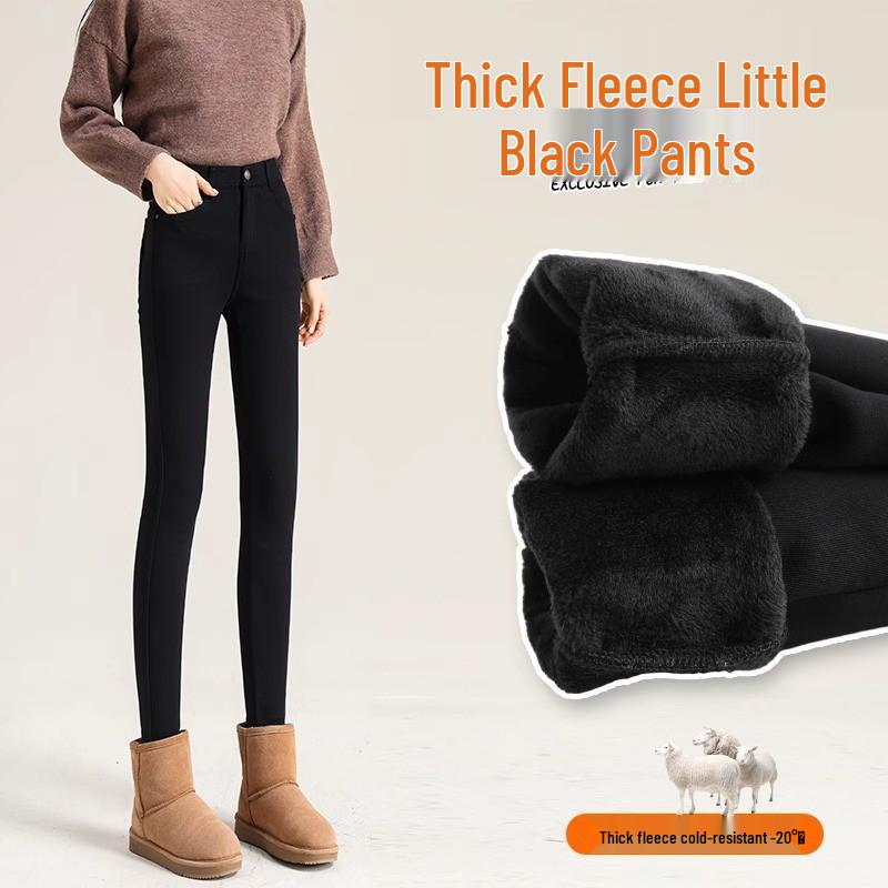 Женские зимние черные леггинсы на флисовой подкладке - Толстый хлопок из овечьей шерсти, Облегающий крой, Стиль осень/зима 2025