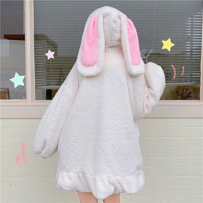 Толстовки Kawaii на молнии, женские зимние негабаритные теплые толстовки с заячьими ушками, милые