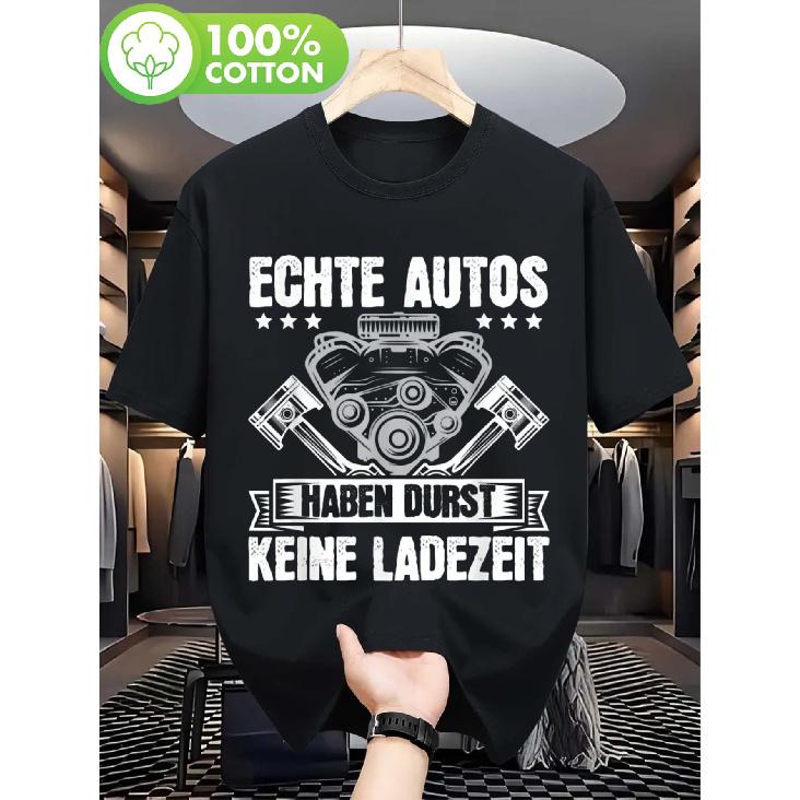 Men's black cotton t-shirt with vintage car engine graphic, short sleeve crew neck relaxed fit casual wear for automotive enthusiasts