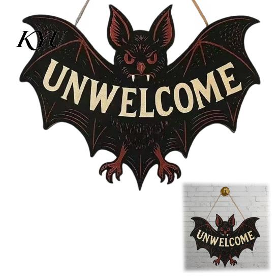 Rustic Wood Holiday Plaque Halloween Decorations, Gothic Bat Wooden Sign for Front Door, Unwelcome Shape Door Decor Decor, Party Favors Supplies