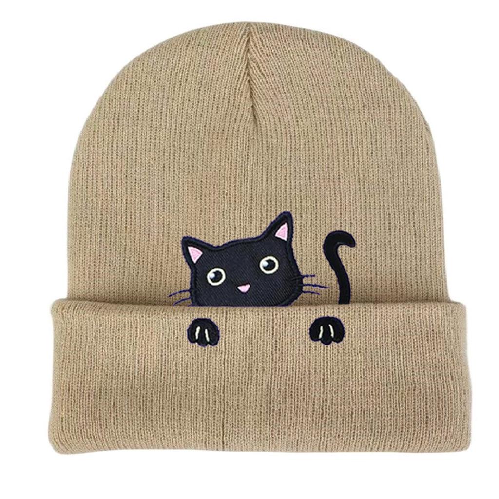 Knit Skull Hat with Embroidered Lovely Kitten Hat Knit Caps for Unisex Pullover Cartoon Hat Embroidered Skull Caps