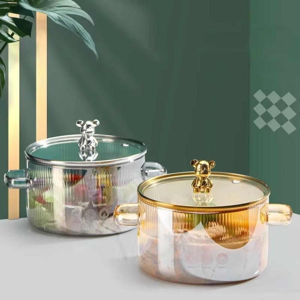Бинауральная кастрюля для супа с ручками, жаростойкая миска для рамена, кухонная посуда, медведь, стеклянная кастрюля, каша
