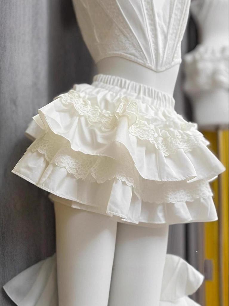 2025 Белая юбка с высокой талией, кружевным узором, в стиле «сладкое сердце», пышная, со слоем против просвечивания