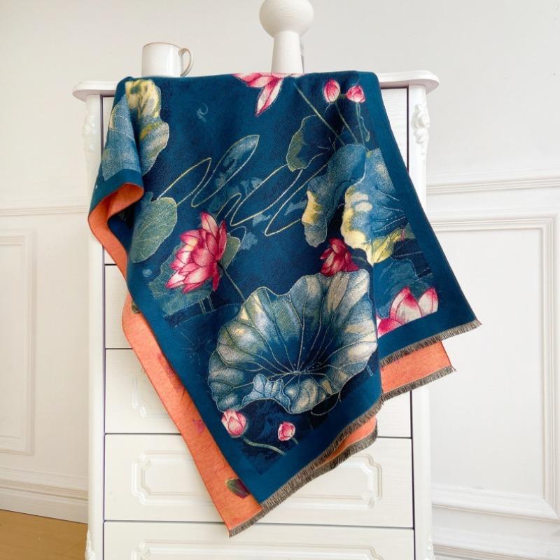 Winter Oil Painting Style Scarf Women's Plate Four Shuttle Imitation Cashmere Shawl Thickened Warm Fringed Scarf