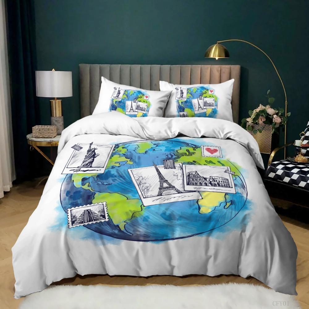 World Map Bedding Set Earth Pattern Bedding Cover Pillowcase Children and Teenagers Bedding Single/Double Size Gift