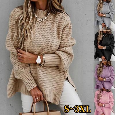 Свитер однотонный длинный пуловер с разрезом свободные свитера джемперы зима S-3XL