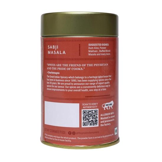 The Great Indian Spicery | Сабджи Масала - Кухонный Король | Жестяная банка 100 г - Стерилизация паром, Свежий с фермы, Аутентичная смесь 12 специй, Без примесей