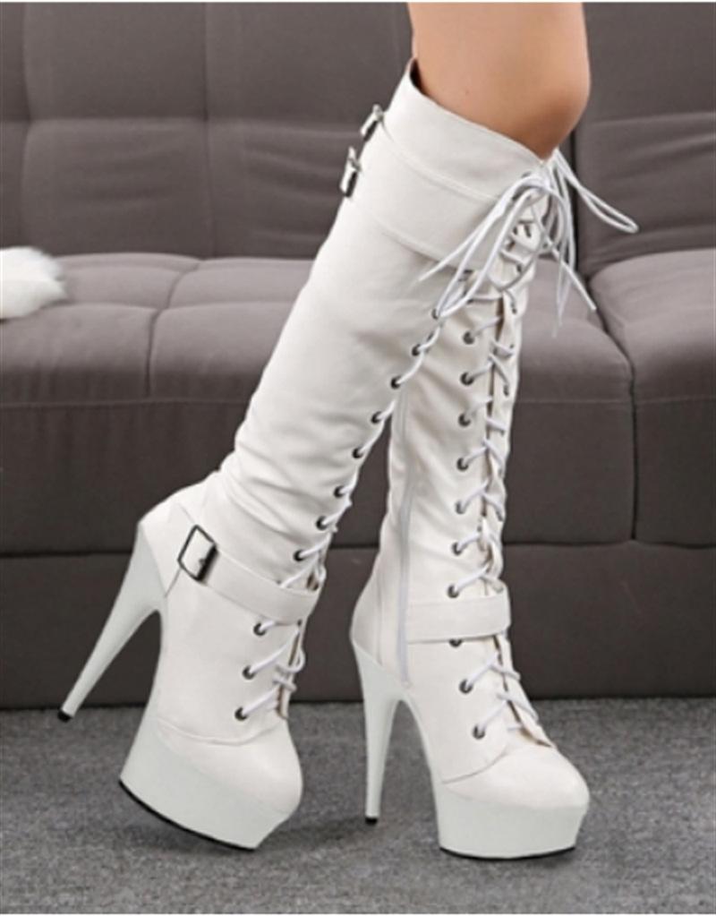 15 см супер высокие туфли из вискозы на весну и осень, круглые сапоги среднего размера, белые, на высоком каблуке, высокая трубчатая высота